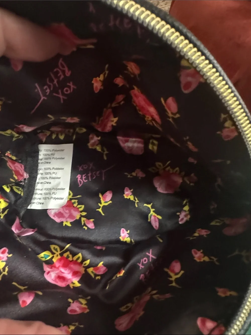 Betsey Johnson Black Floral Cosmetic Bag with Bright Multi-Color Blooms